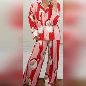 Santa Claus Print Women's Pajama Set - Red, Pink and White